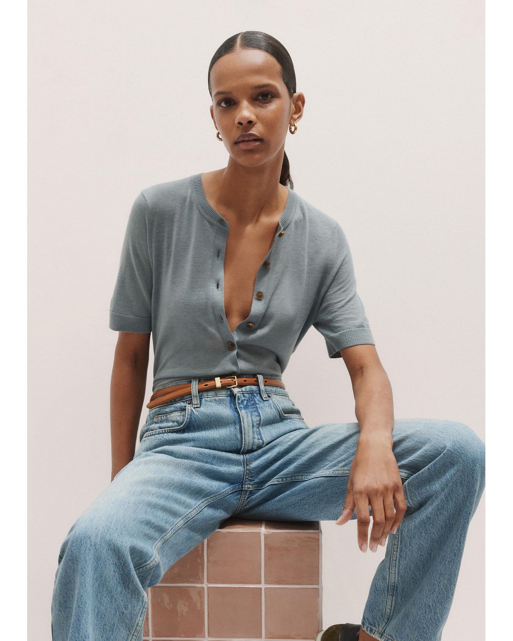 ME+EM Gray Merino Cashmere Barely There Buttoned Knit Tee