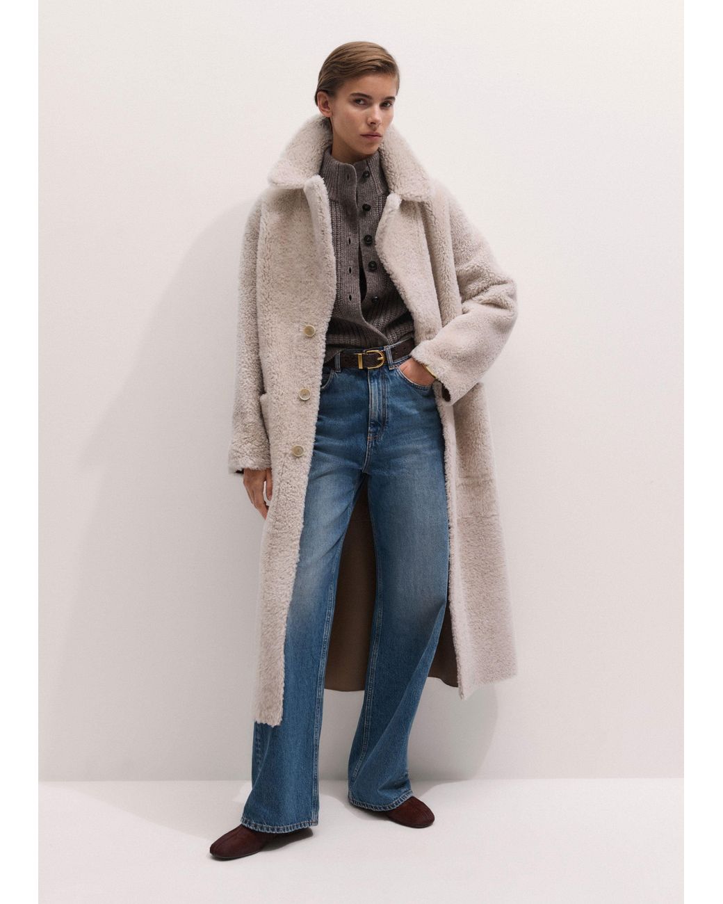 ME+EM Natural Reversible Shearling Coat + Belt