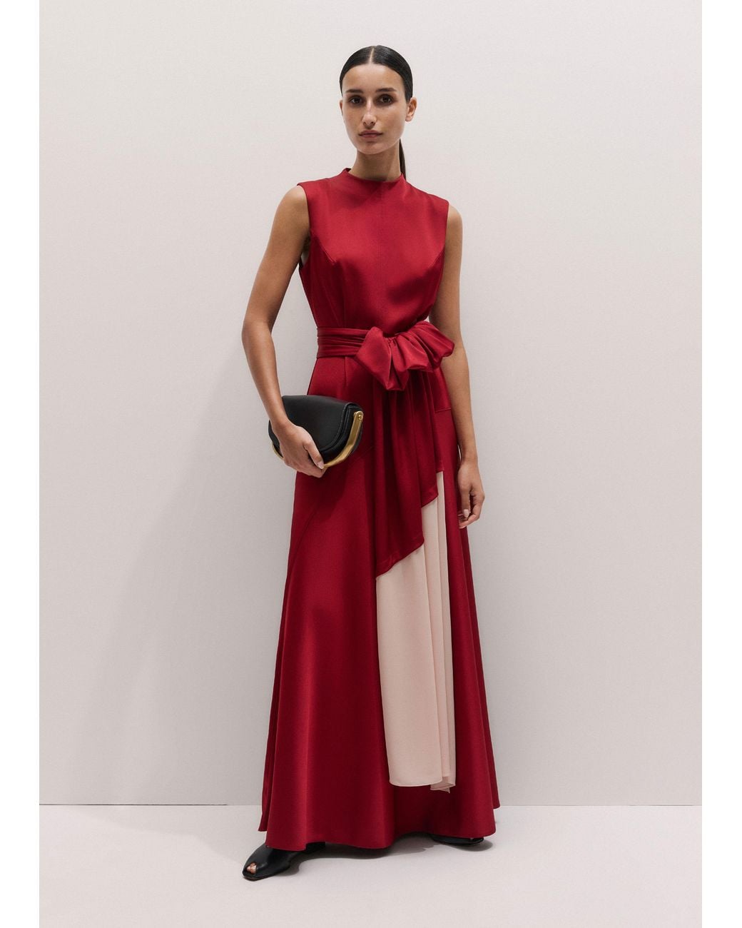 ME+EM Red Satin Colour Tipping Bias Cut Full Length Dress + Belt Pomegranate