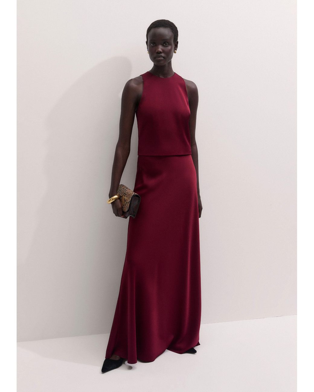 ME+EM Red Satin Bias Cut Full Length Skirt