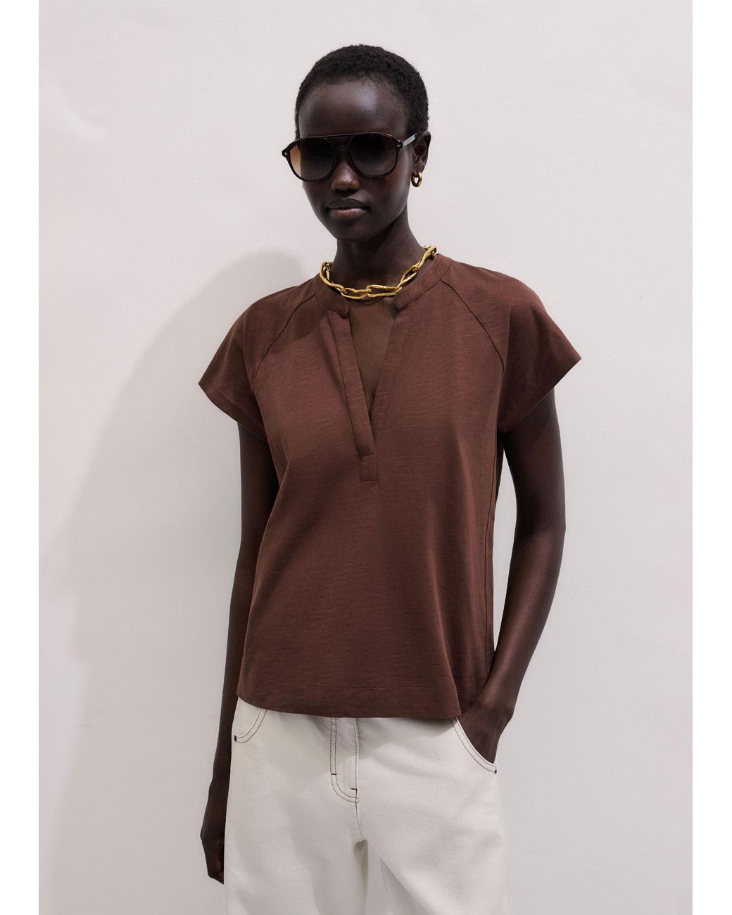 ME+EM Brown Open Placket Swing Top