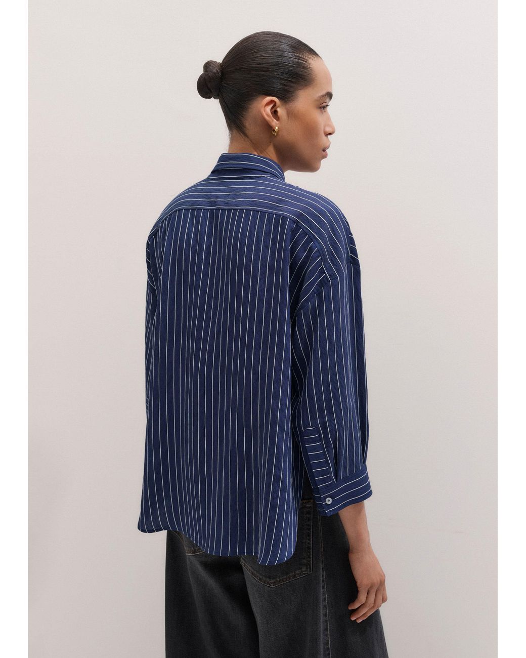 ME+EM Blue Boxy Three Quarter Sleeve Striped Shirt