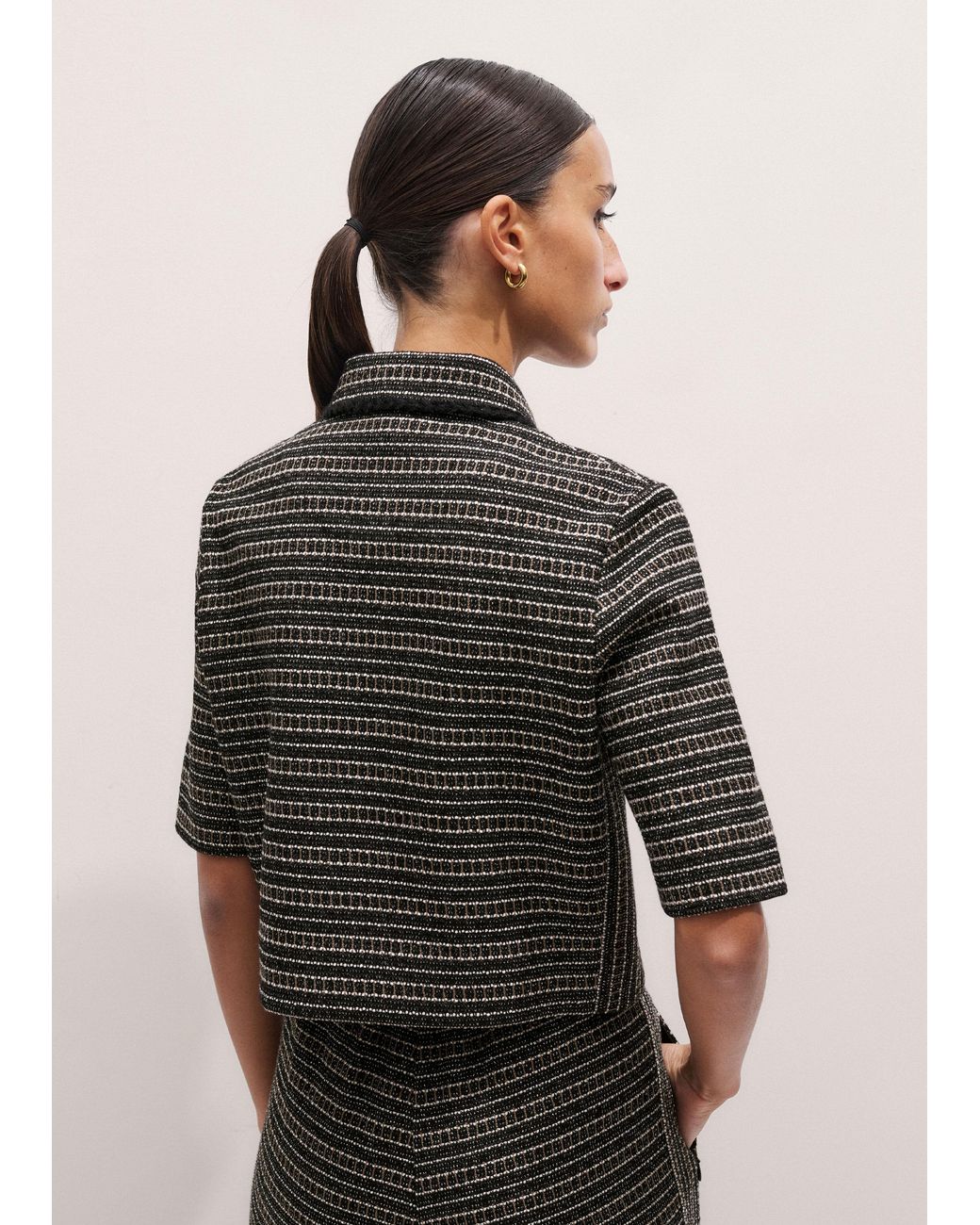 ME+EM Black Stripe Tweed Zip-Front Top
