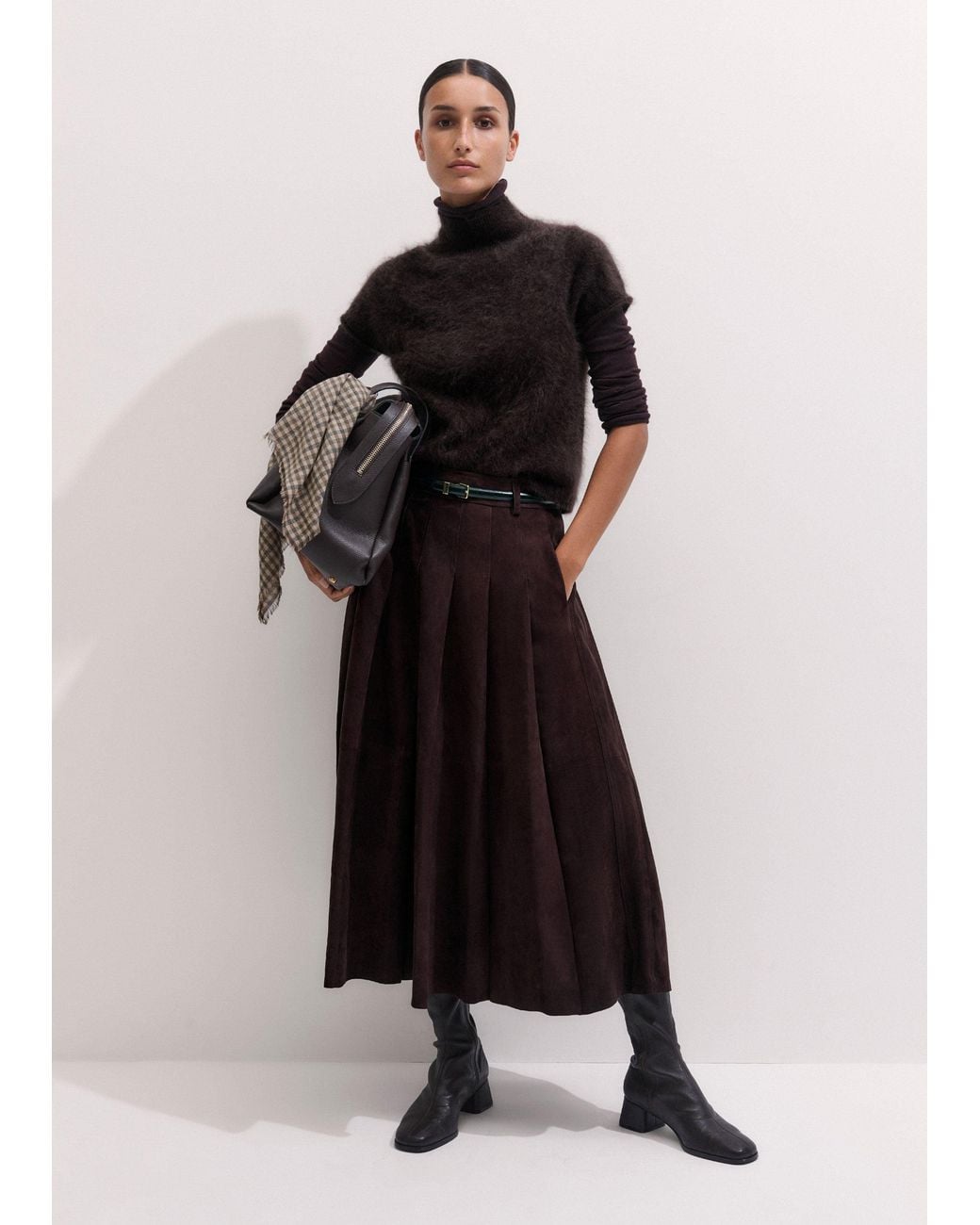 ME+EM Black Suede Pleated Maxi Skirt