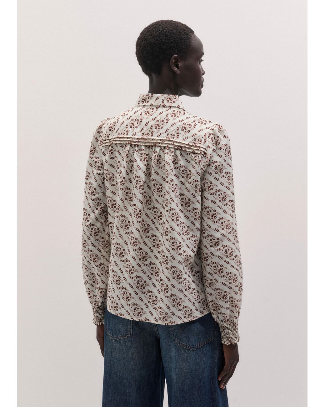 ME+EM Brown Diagonal Floral Print Silk Cotton Blouse