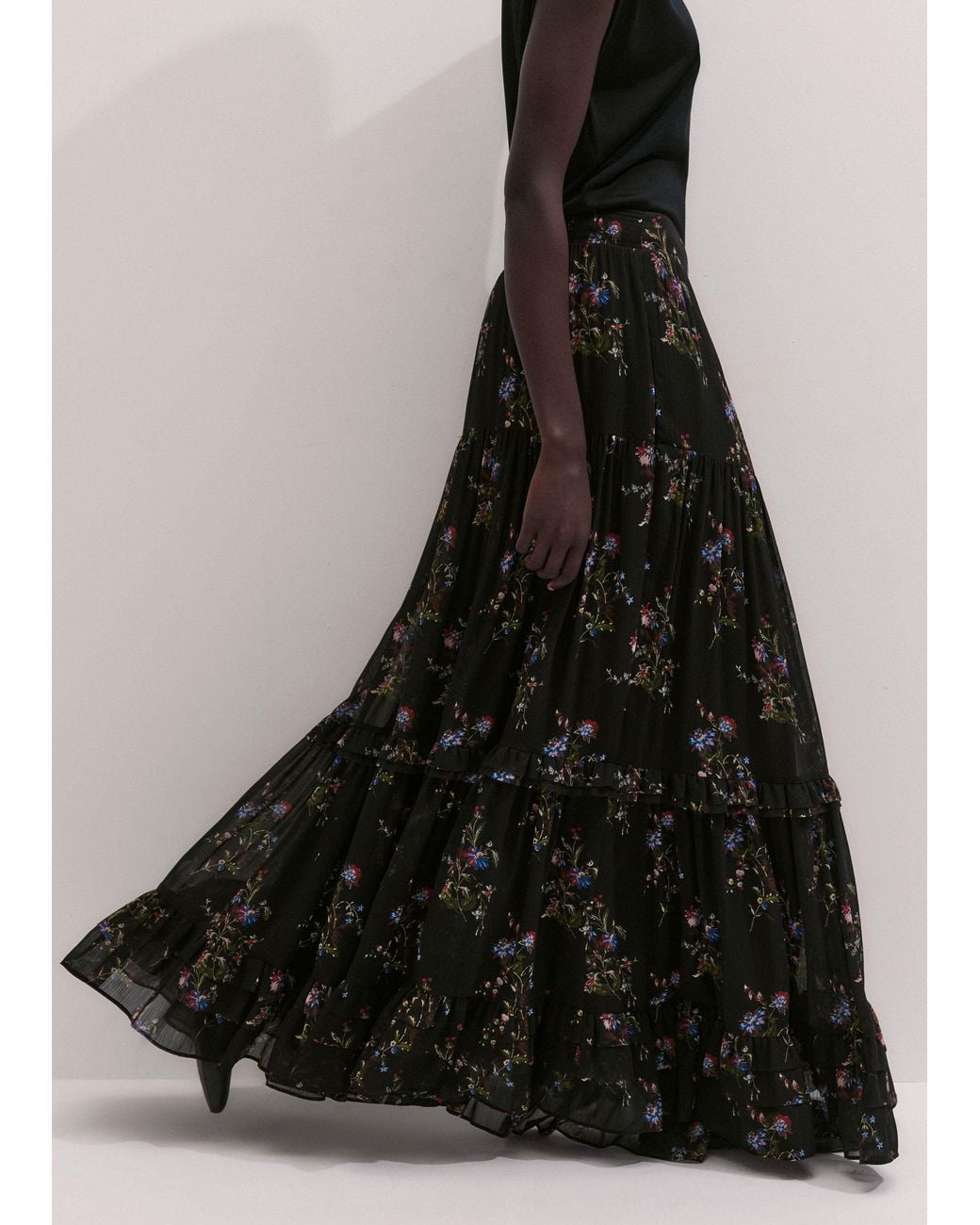 ME+EM Black Wild Winter Floral Print Full Length Skirt