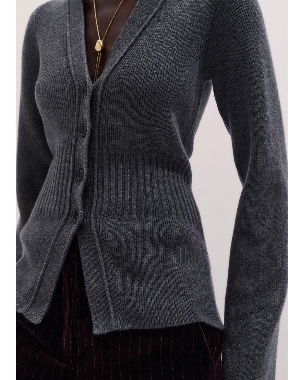 ME+EM Black Merino Cashmere Waisted Cardigan Mid Melange