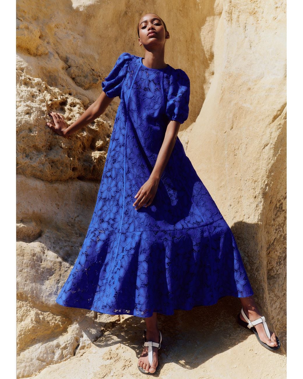 statement guipure lace maxi dress ME+EM Statement Guipure Lace Maxi Dress in Blue
