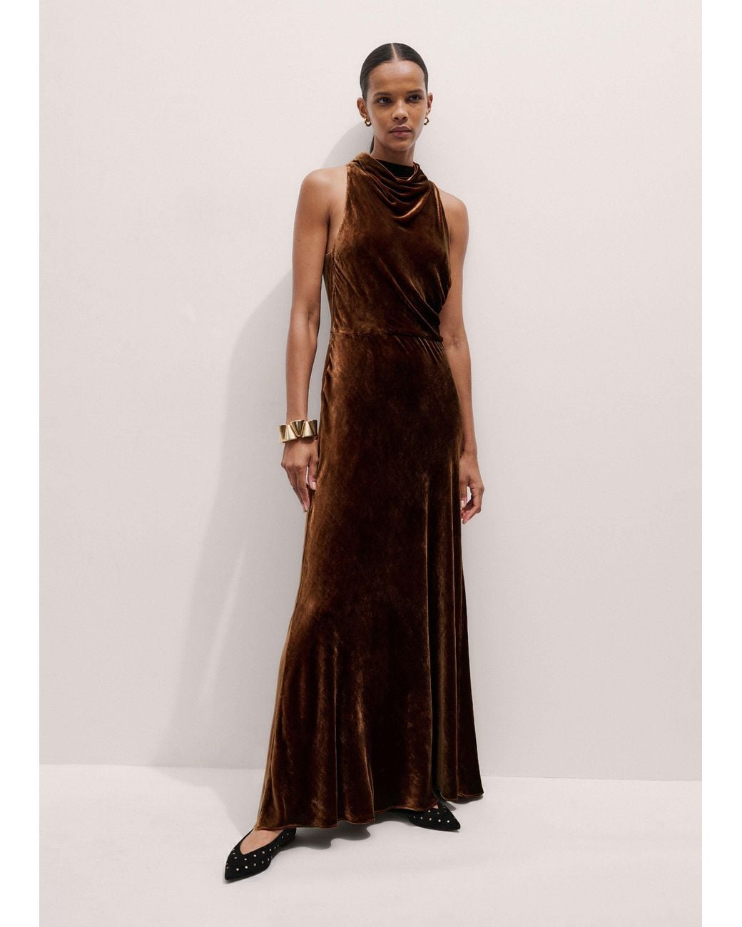 ME+EM Natural Silk Blend Velvet Draped Full Length Dress