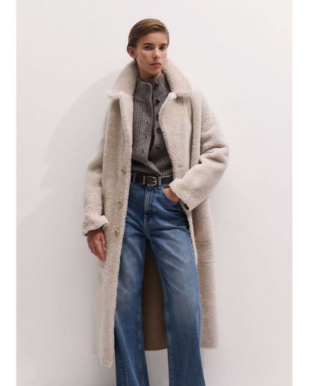 ME+EM Natural Reversible Shearling Coat + Belt