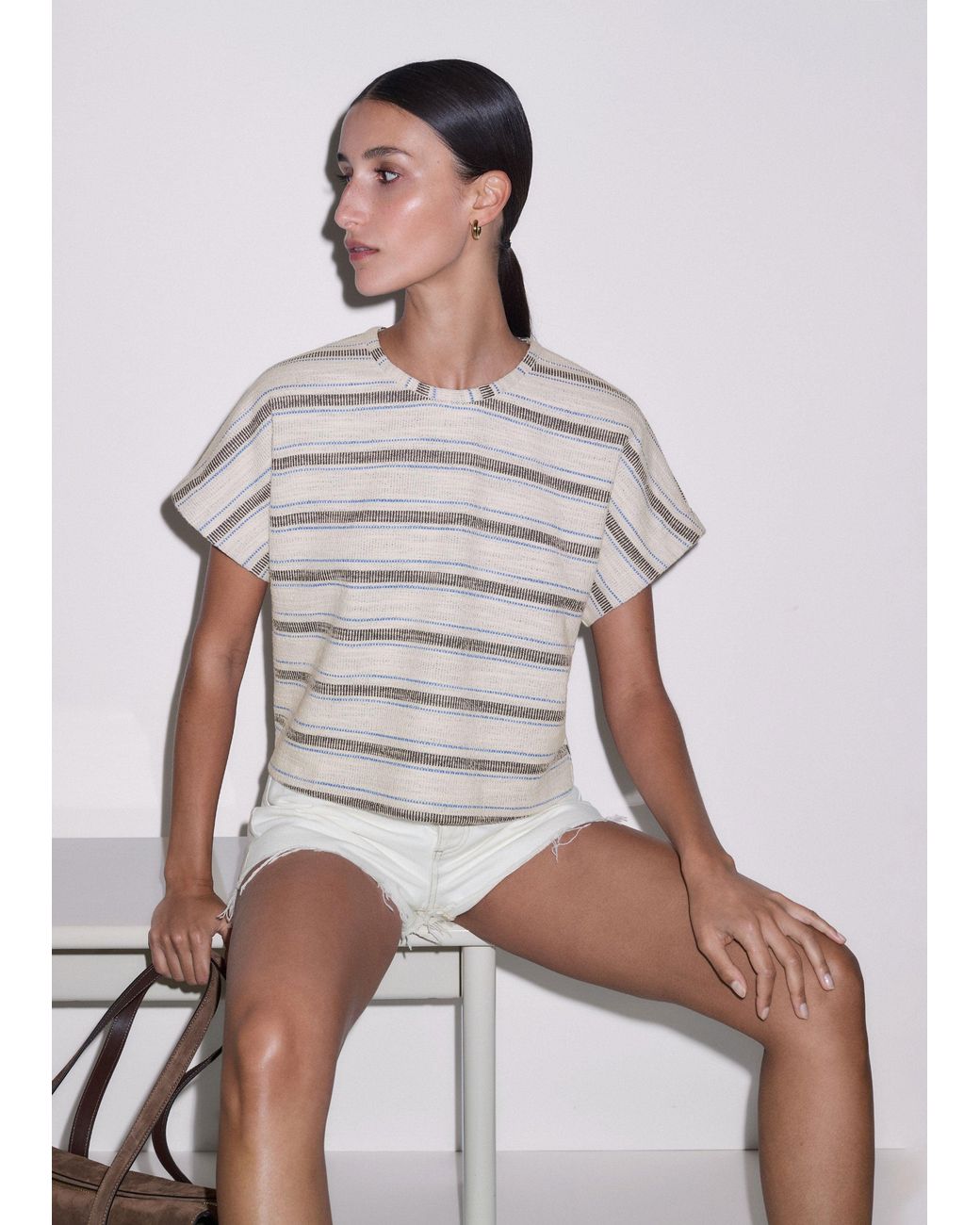ME+EM Brown Textured Stripe Tee