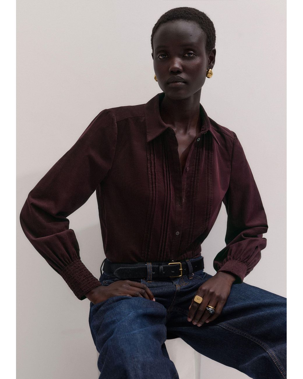 ME+EM Blue Micro Cord Slim Fitting Blouse