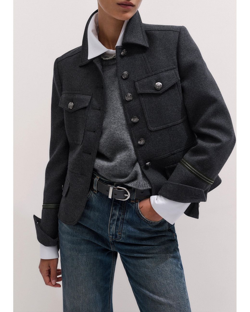 ME+EM Black Italian Wool Twill Military Jacket Melange