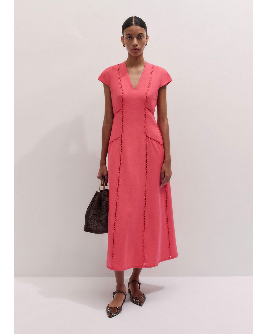 ME+EM Pink Crease-Less Embroidery Stitch Detail Maxi Dress