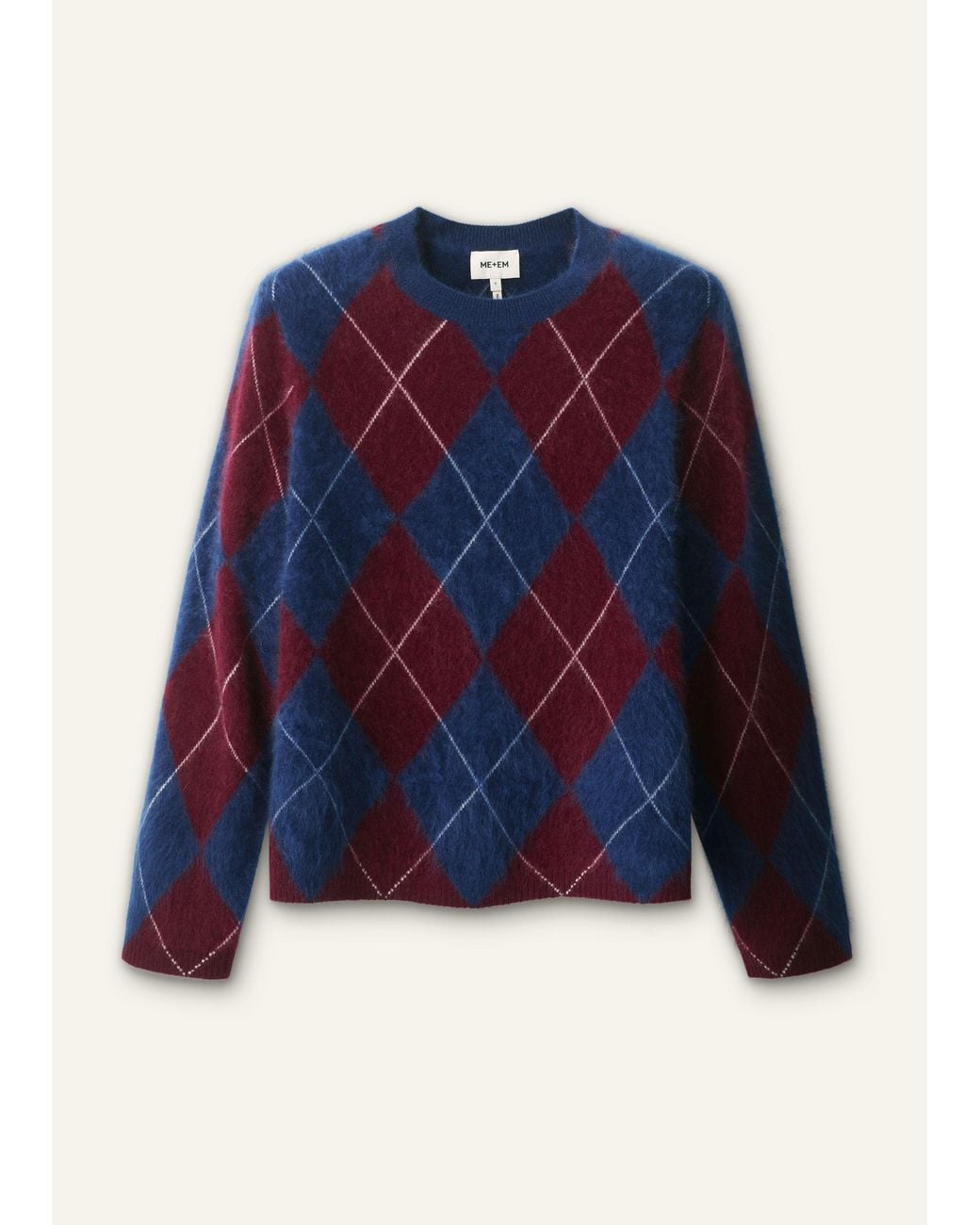 ME+EM Blue Graphic Argyle Brushed Cashmere Jumper Bright-Merlot