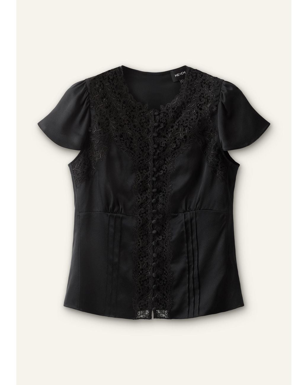 ME+EM Black Silk Satin And Lace Cap Sleeve Top