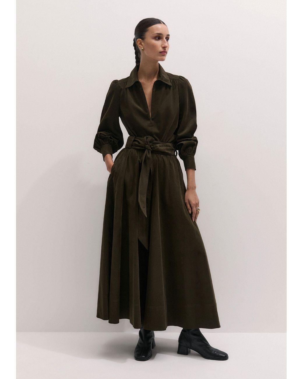 ME+EM Green Micro Cord Maxi Skirt + Belt Rich