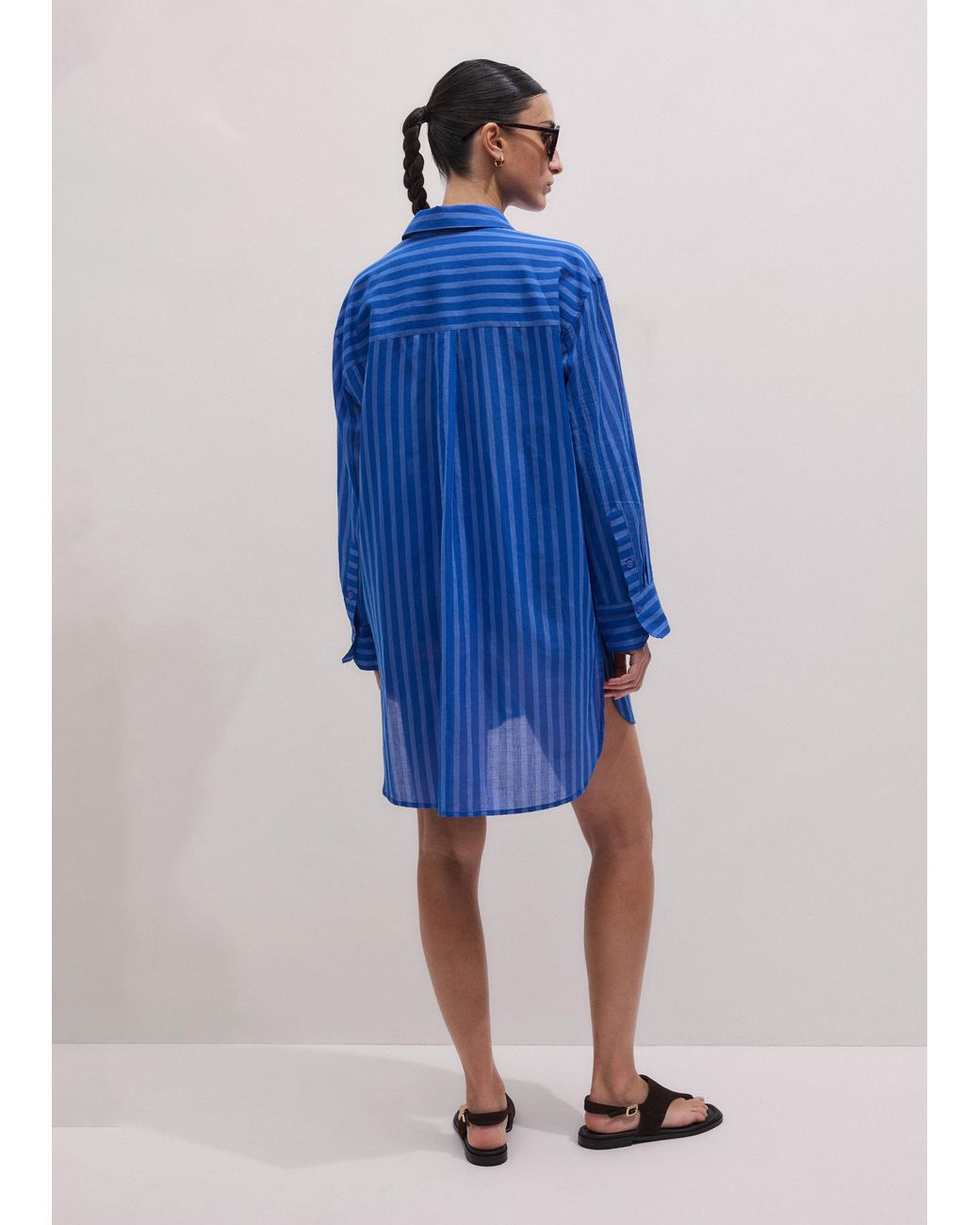 ME+EM Blue Cotton Voile Striped Beach Shirt Intense-Sky