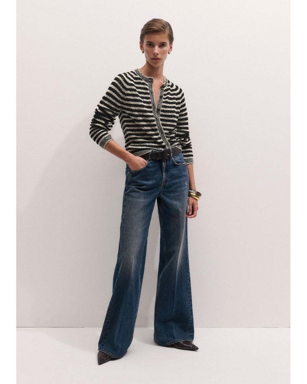 ME+EM Black Textured Stripe Cardigan-Cream