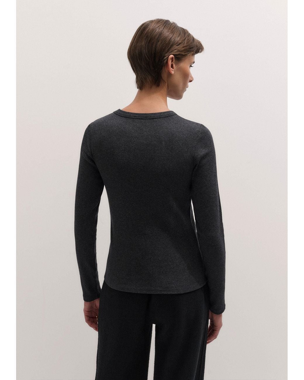 ME+EM Black Ultimate Rib Long Sleeve Top Charcoal Melange