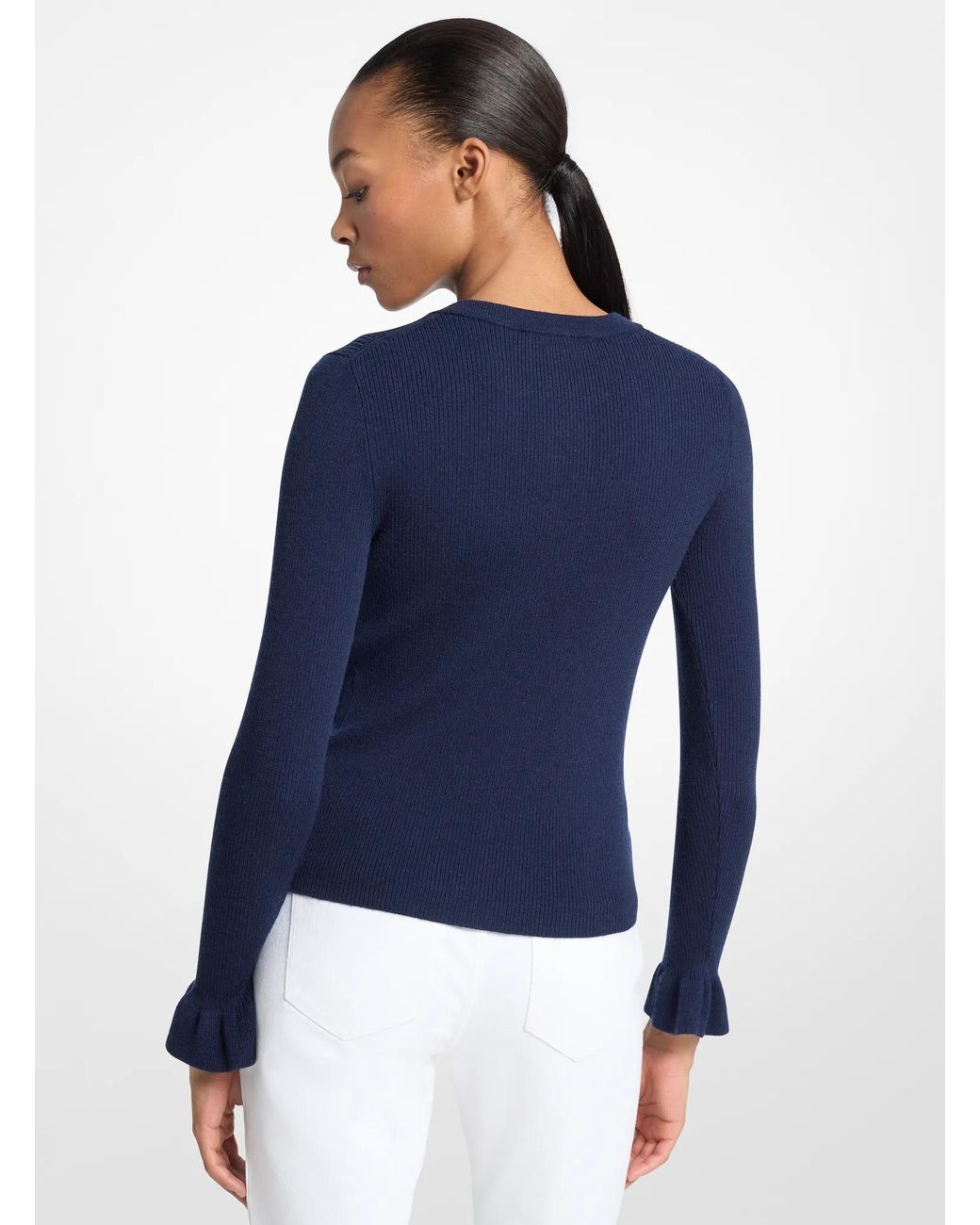 MICHAEL Michael Kors Blue Mk Ribbed Wool Blend Ruffle-Cuff Cardigan