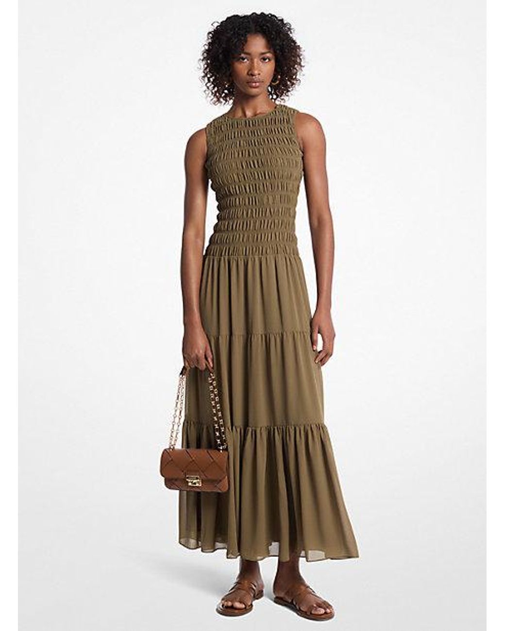MICHAEL KORS Womens Green Smocked Ruffled Unlined Hook And Eye Closure Printed Short Sleeve V Neck Above The Knee Faux Wrap Dress main image 0