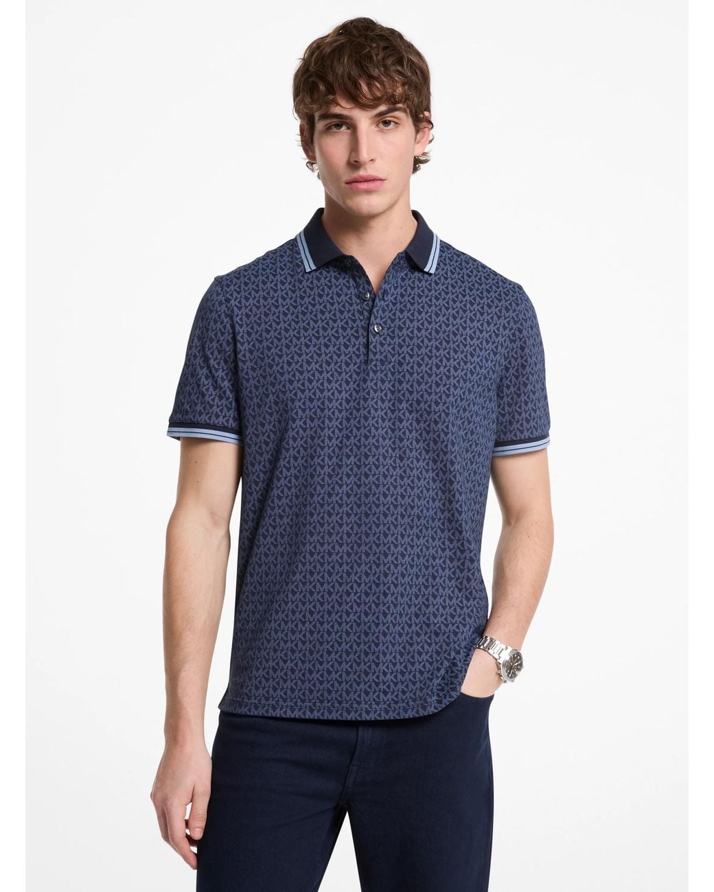 Michael Kors Blue Mk Greenwich Signature Logo Print Cotton Polo Shirt for men