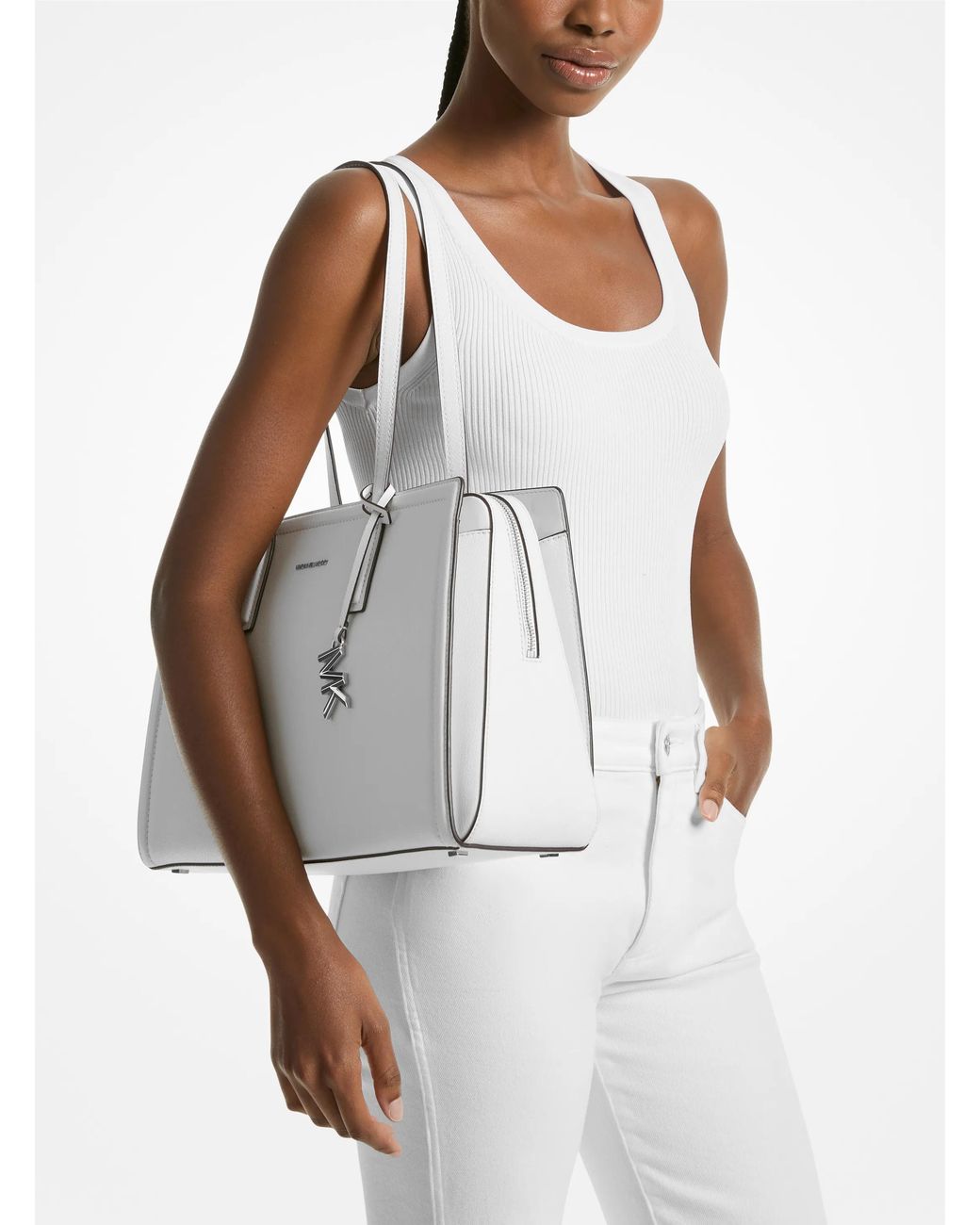 MICHAEL Michael Kors White Laila Medium Pebbled Leather Tote Bag