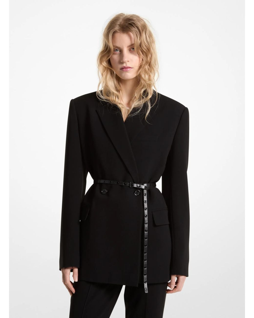 MICHAEL Michael Kors Black Mk Belted Crepe Double-Breasted Blazer