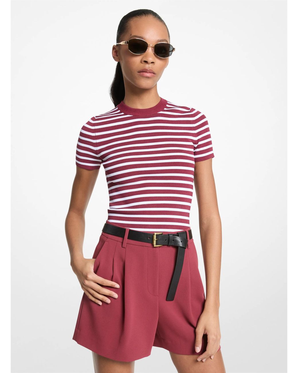 MICHAEL Michael Kors Red Mk Striped Stretch Knit Short-Sleeve Jumper