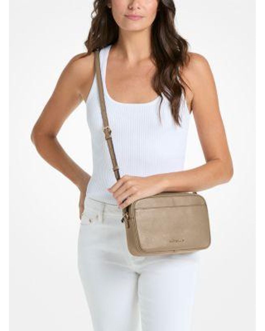 Michael Kors Brown Jet Set Large Pebbled Leather Camera Crossbody Bag