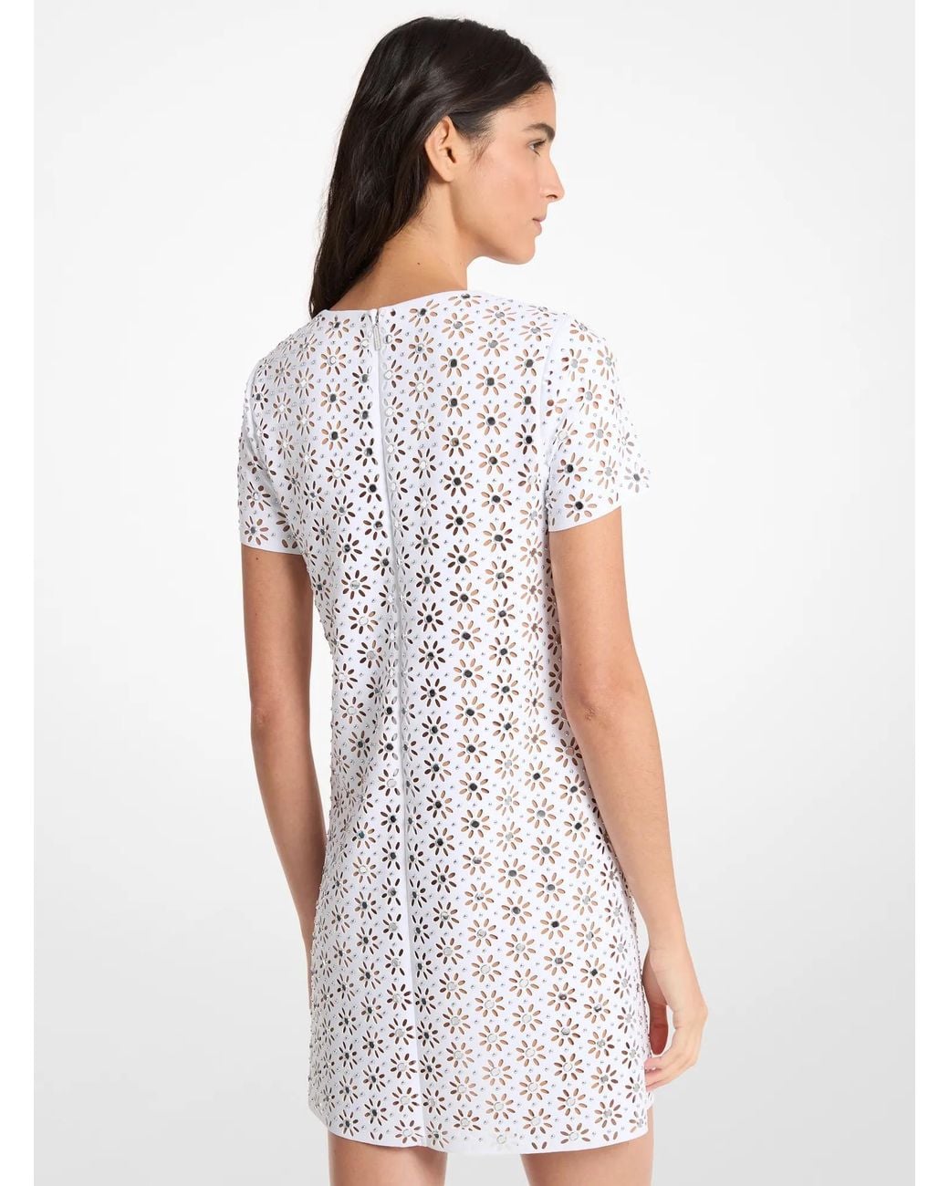 Michael Kors White Mk Mirror-Embellished Floral Laser-Cut Scuba Dress