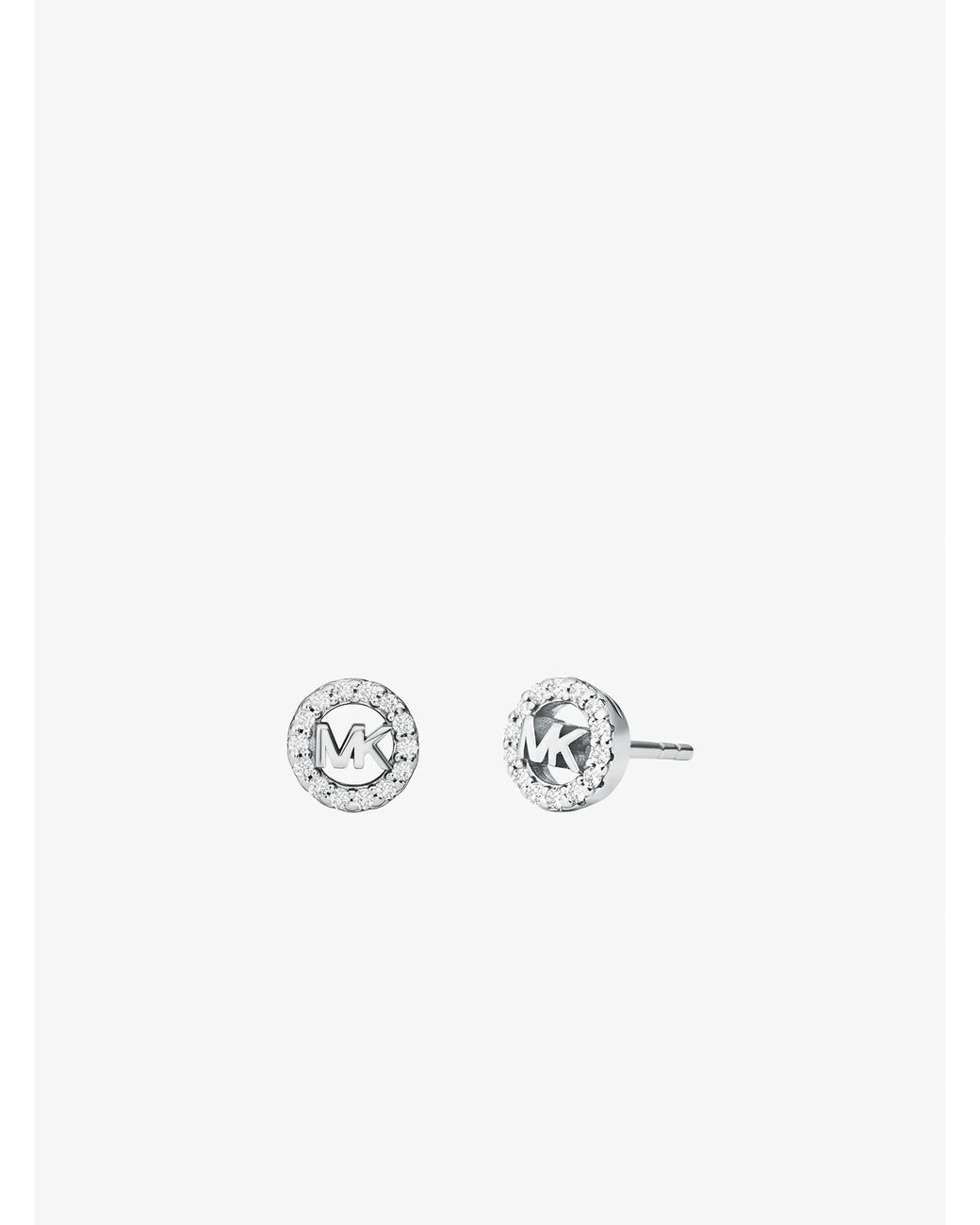 Michael Kors White Mk Fulton Precious-Metal Plated Sterling Pavé Logo Charm Necklace And Earrings Gift Set