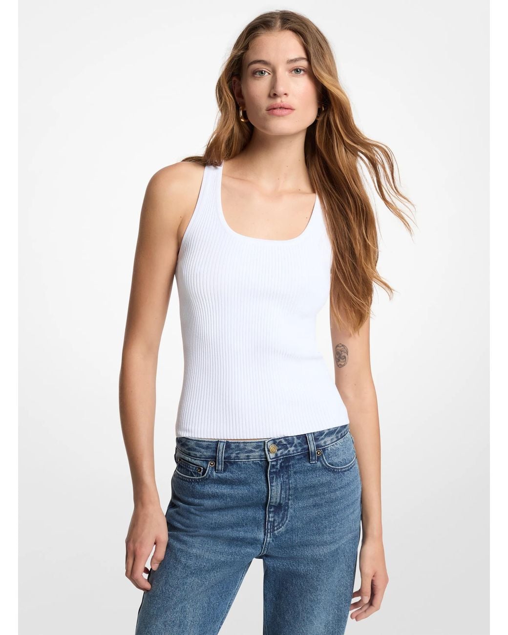 Michael Kors White Michael Kors Ribbed Scoop Neck Tank Top