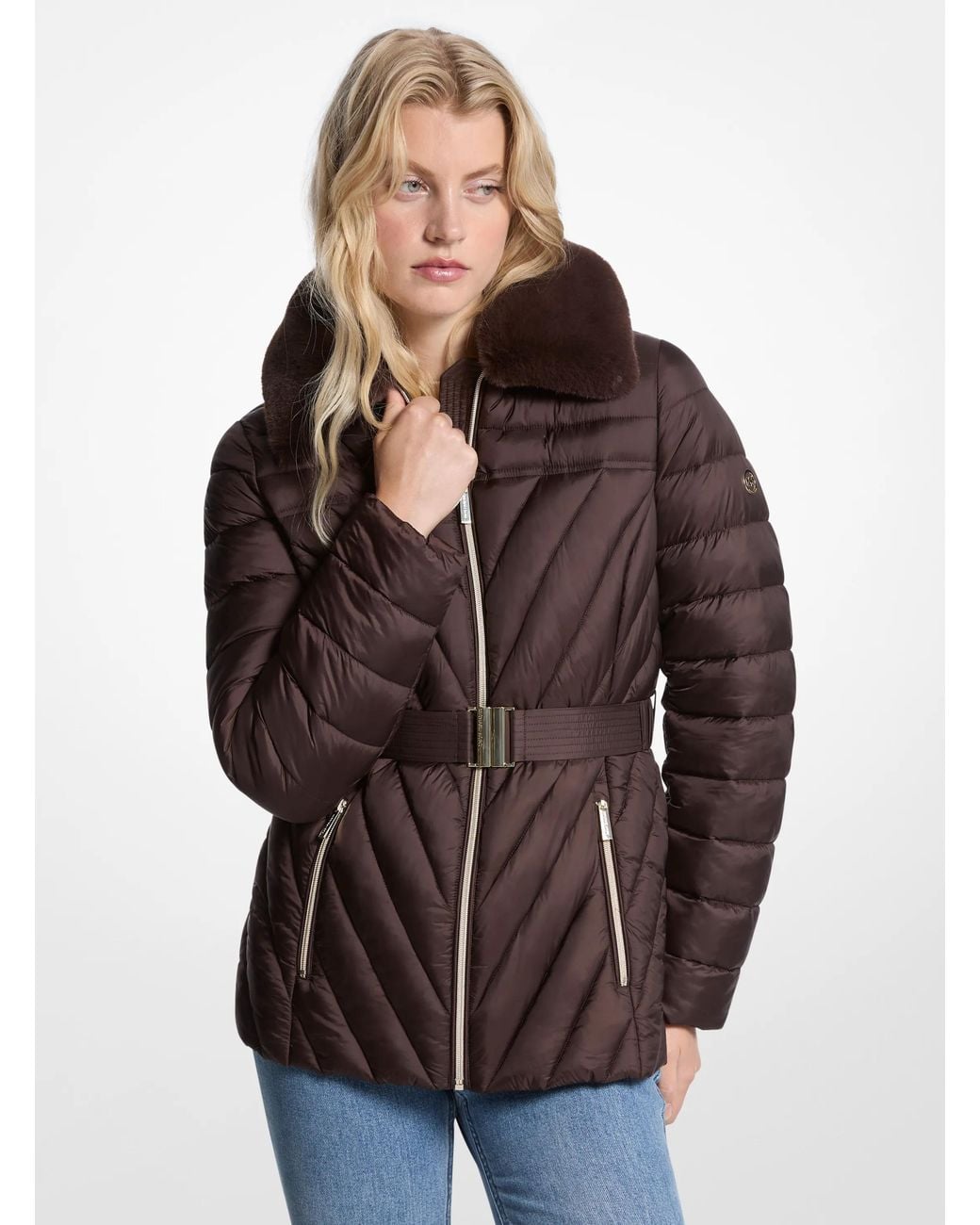 MICHAEL Michael Kors Brown Faux Fur Trim Packable Nylon Puffer Jacket