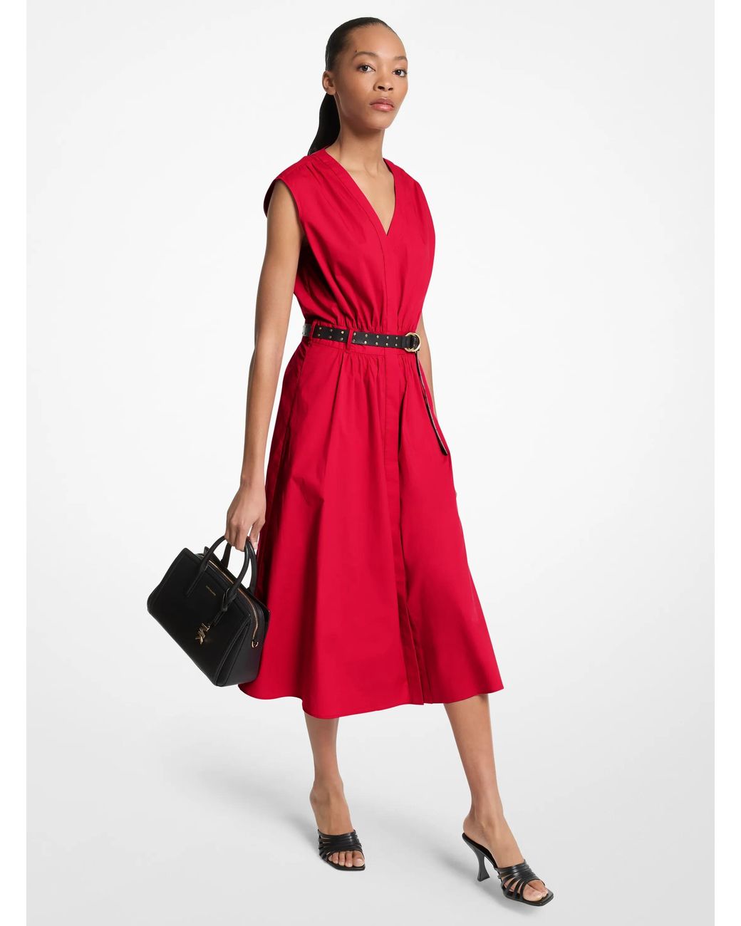 MICHAEL Michael Kors Red Mk Stretch Cotton Poplin Belted Dress