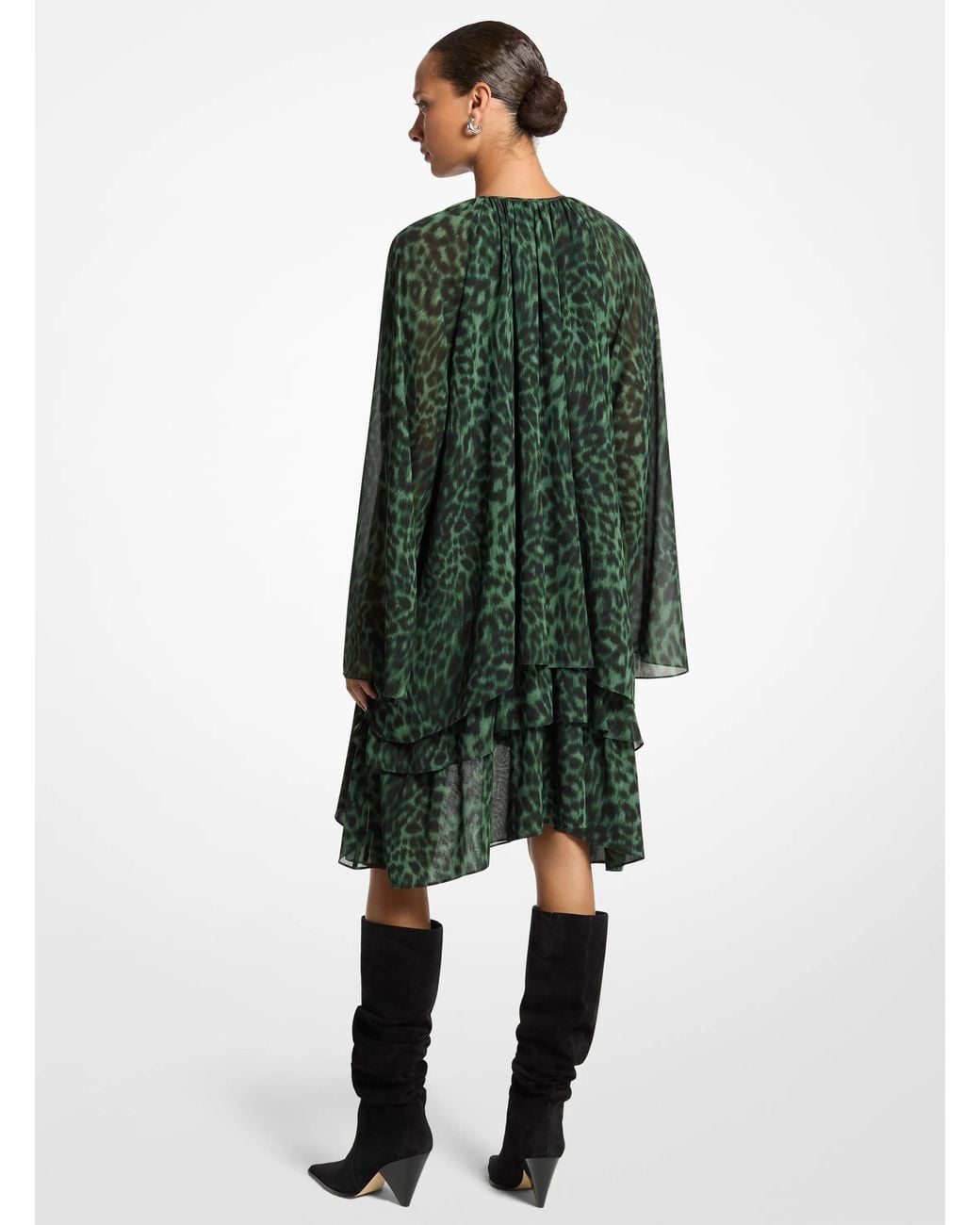 MICHAEL Michael Kors Green Michael Kors Ruffled Leopard Print Georgette Hi-Low Dress