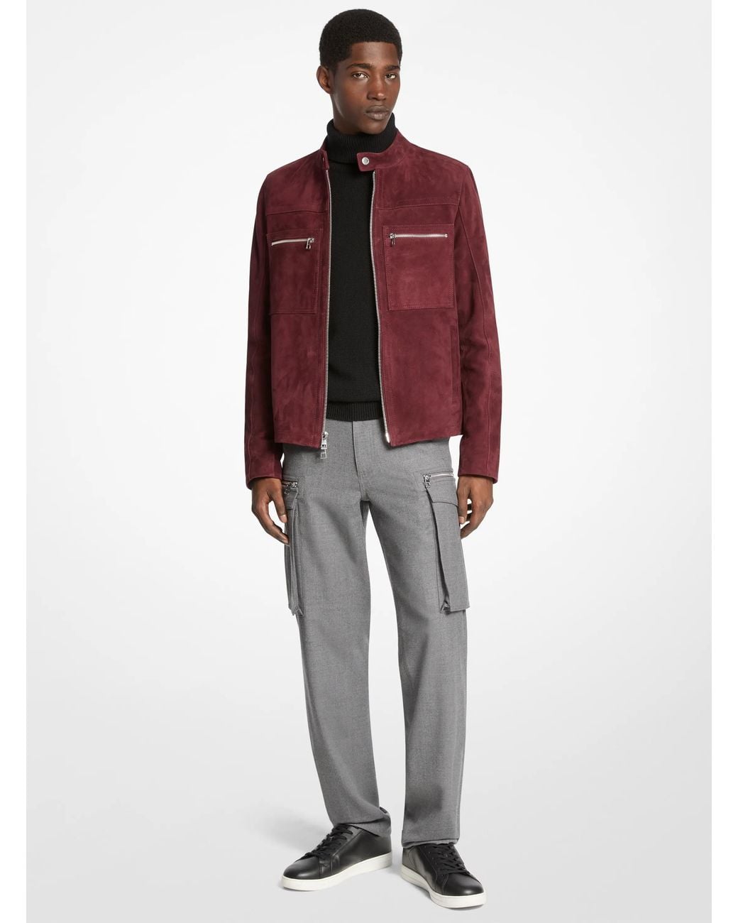 Michael Kors Red Suede Double Zip Pocket Racer Jacket for men