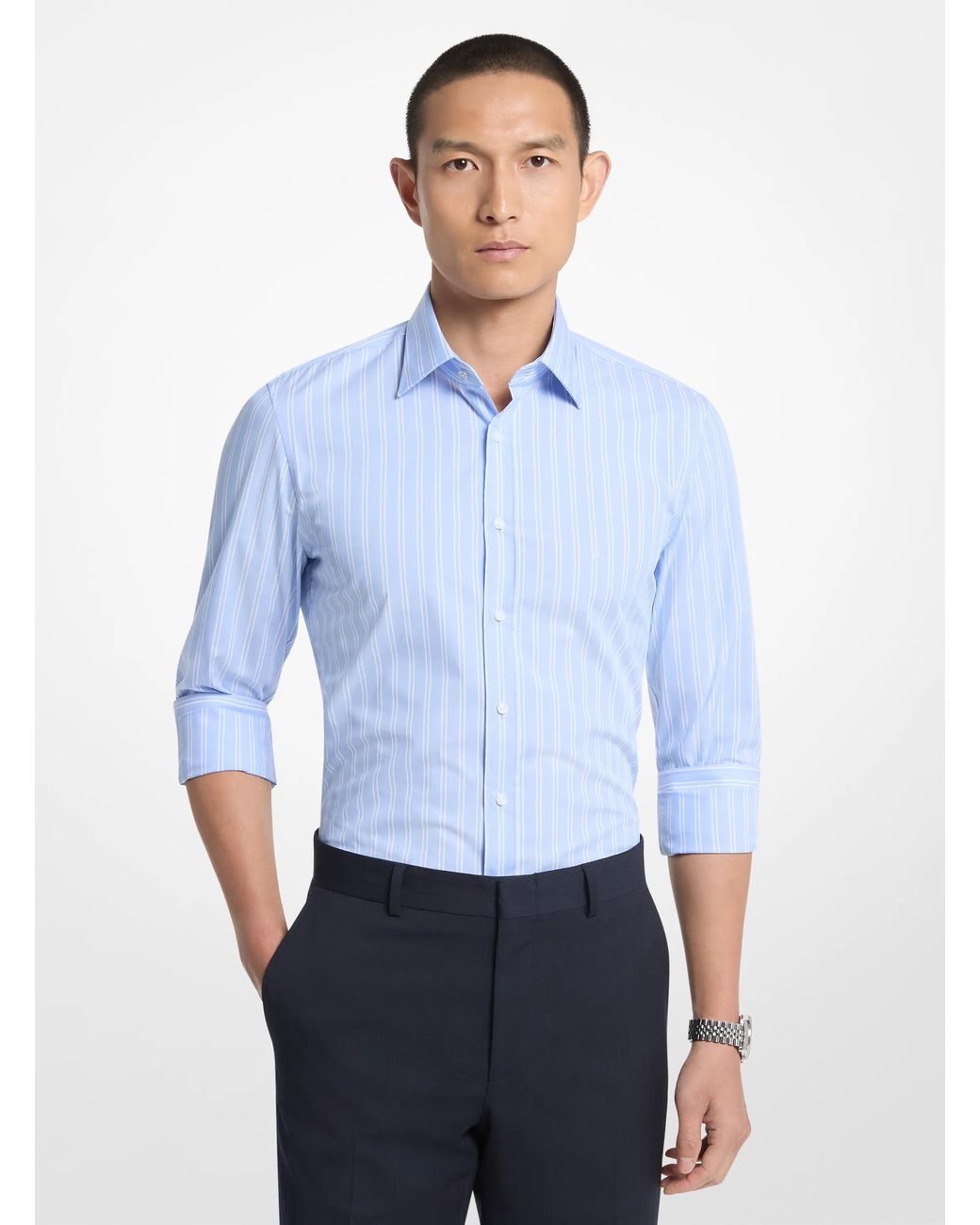 Michael Kors White Mk Slim-Fit Stretch Cotton Striped Shirt for men