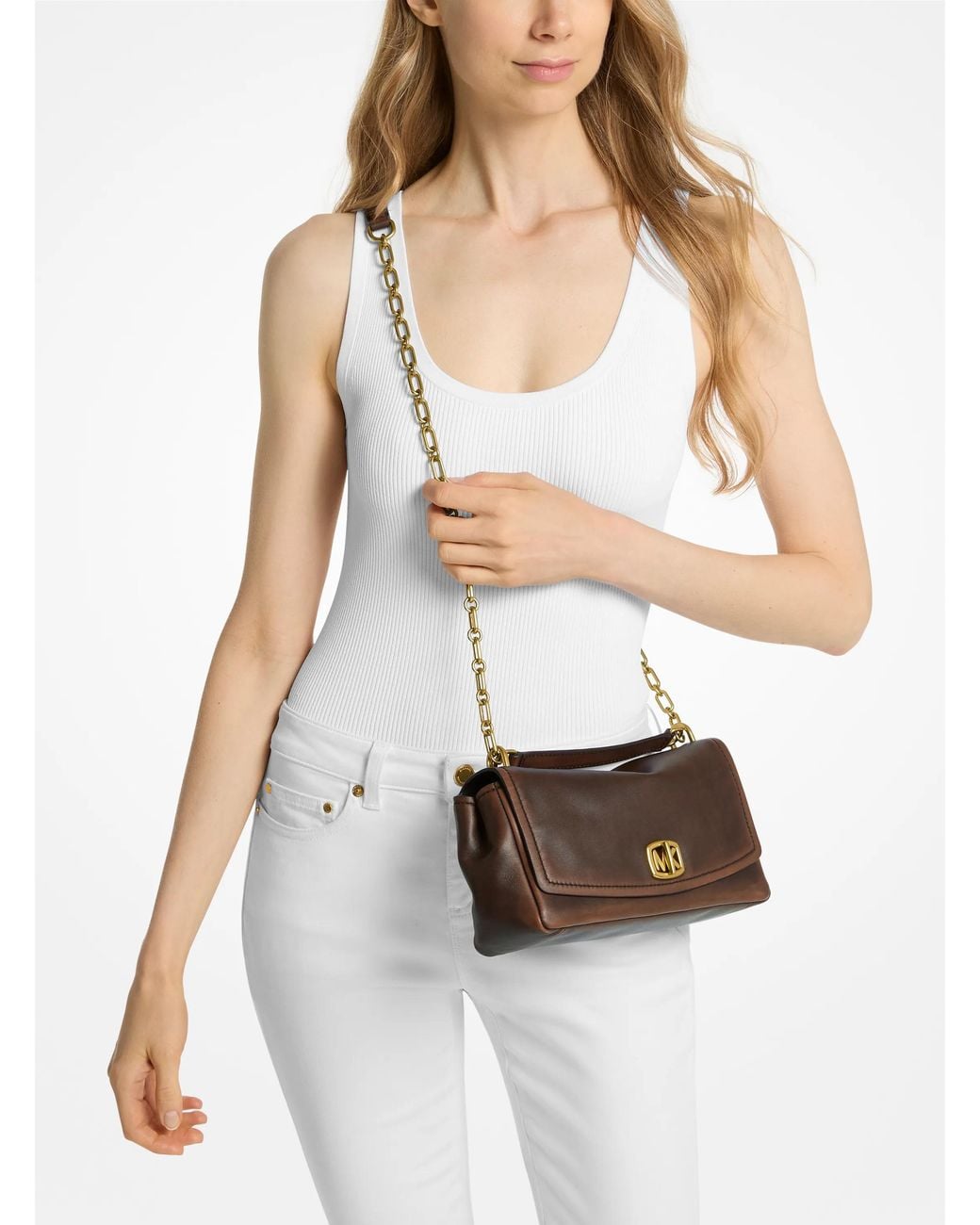 Michael Kors White Mk Bryant Small Leather Convertible Shoulder Bag