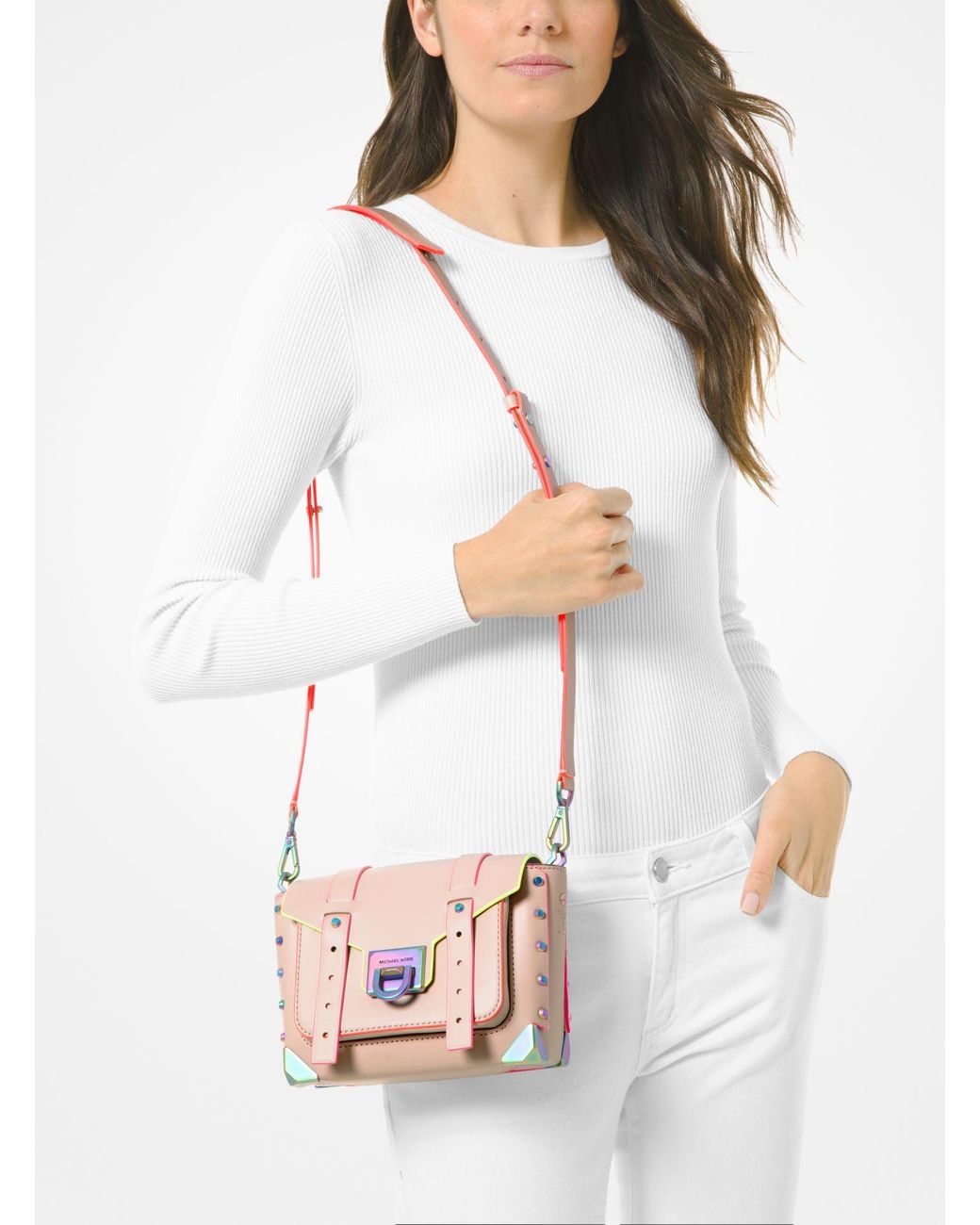 Michael Kors Manhattan Small Contrast-trim Leather Crossbody Bag in Pink |  Lyst Australia