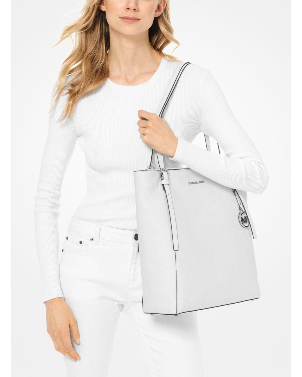 MICHAEL Michael Kors Megan Large Pebbled Leather Tote Bag in White | Lyst