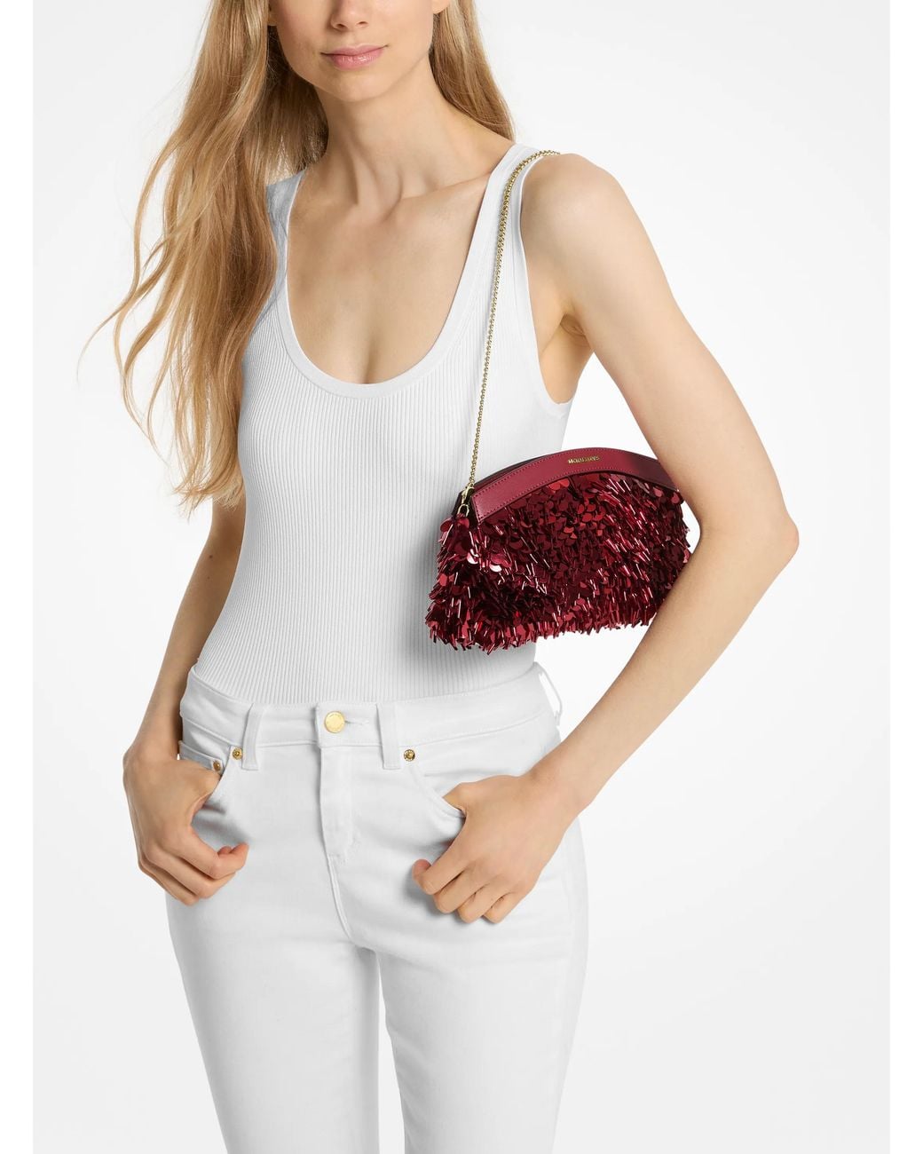 MICHAEL Michael Kors Red Mk Athena Small Metallic Sequin Embellished Convertible Clutch