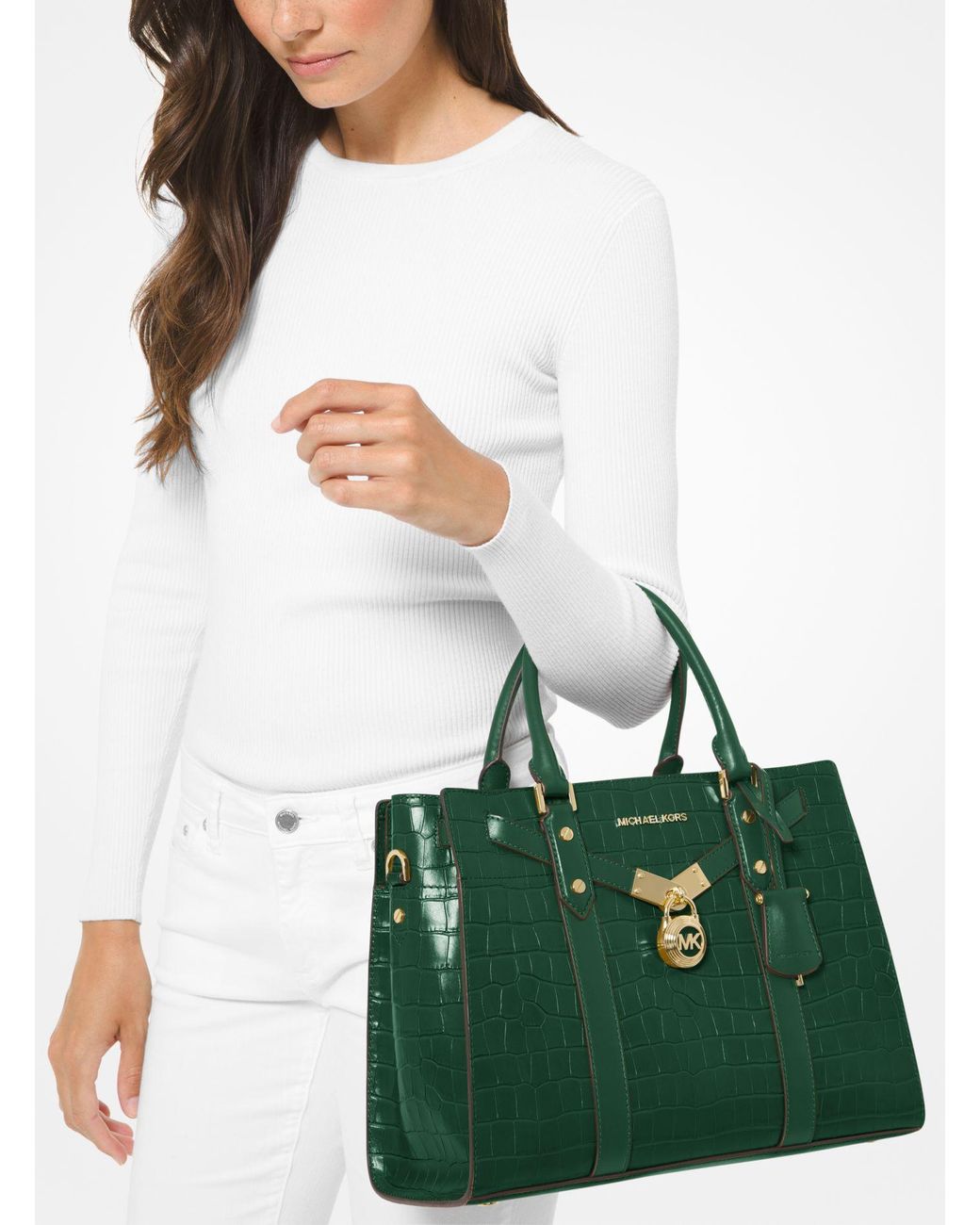 Michael Kors Nouveau Hamilton Large Crocodile Embossed Leather Satchel in  Green | Lyst