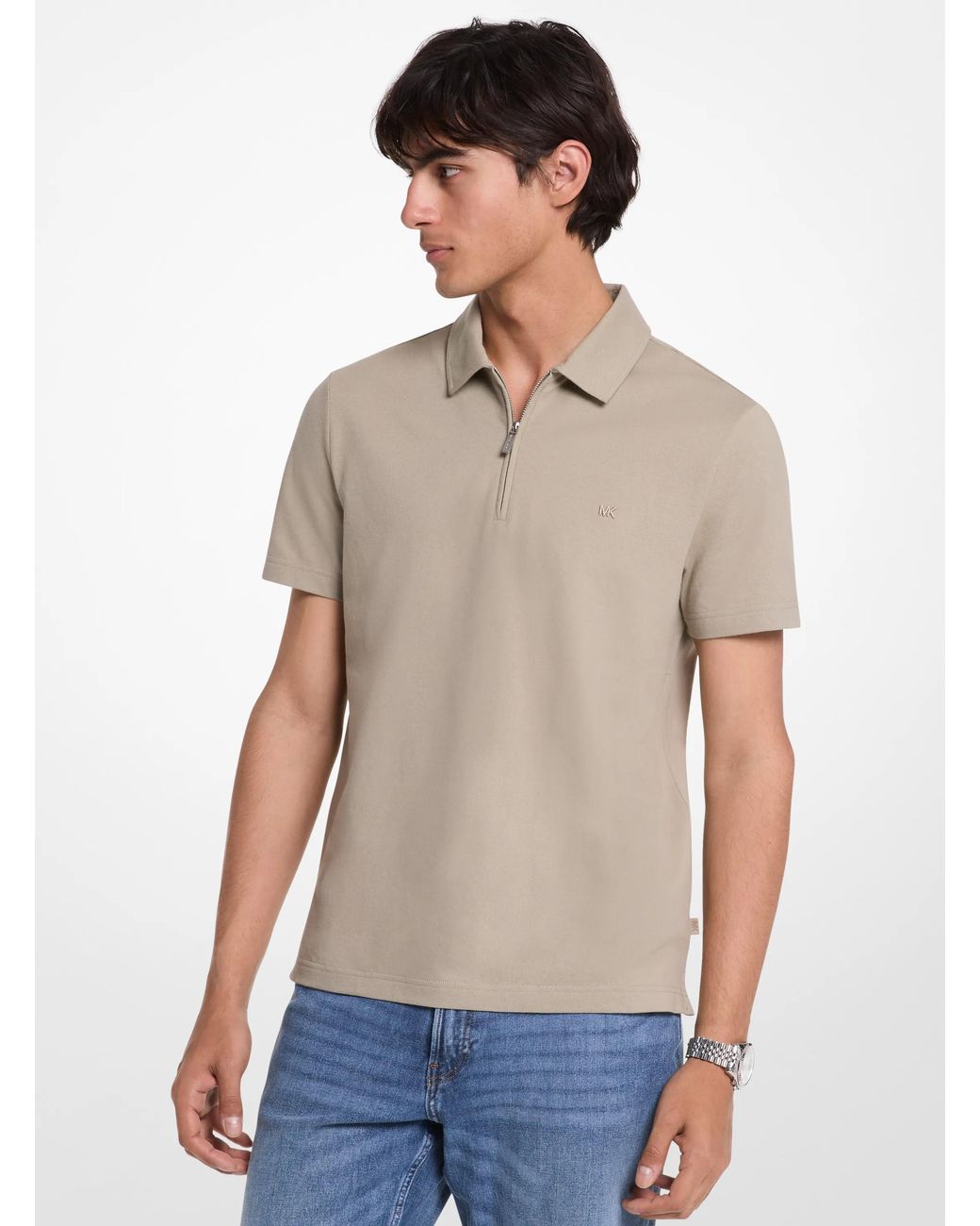 Michael Kors White Mk Cotton Blend Piqué Zip-Up Polo Shirt for men