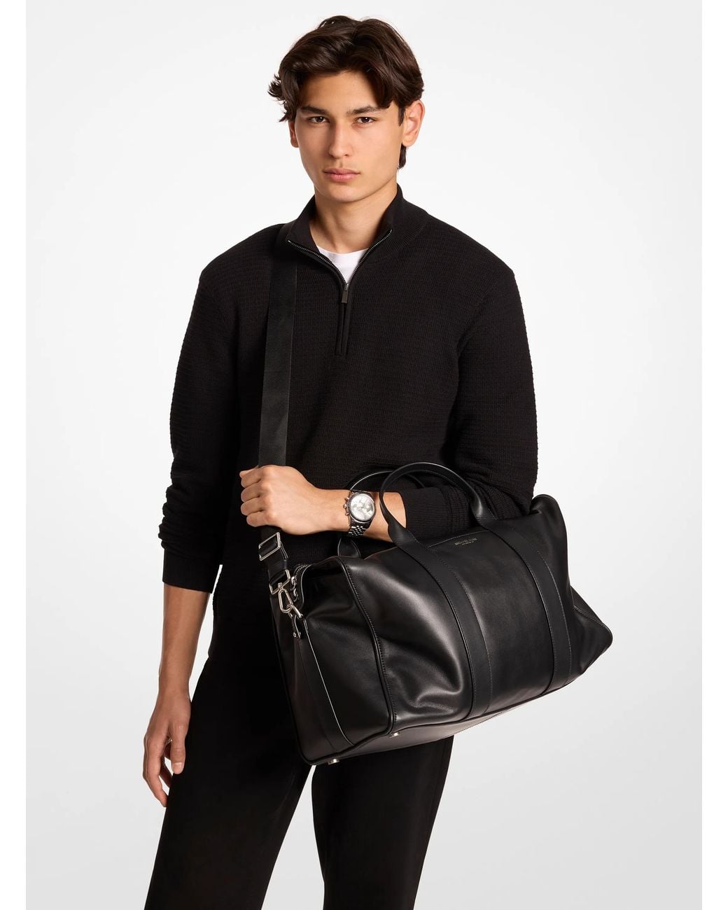 Michael Kors Black Mk Nicholas Medium Pebbled Leather Slouch Duffel Bag for men