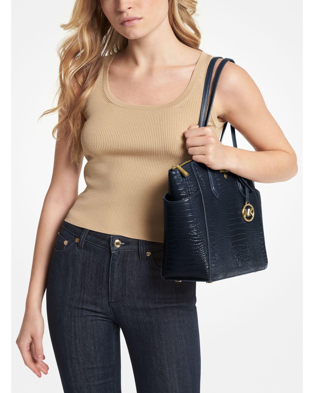 MICHAEL Michael Kors Blue Marilyn Medium Crocodile Embossed Leather Tote Bag