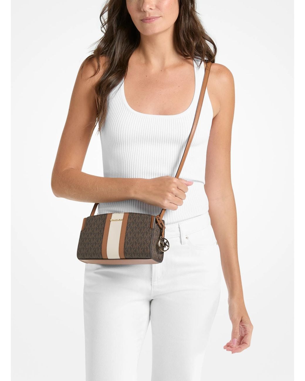 MICHAEL Michael Kors Brown Mk Becca Small Signature Logo Stripe Crossbody Bag
