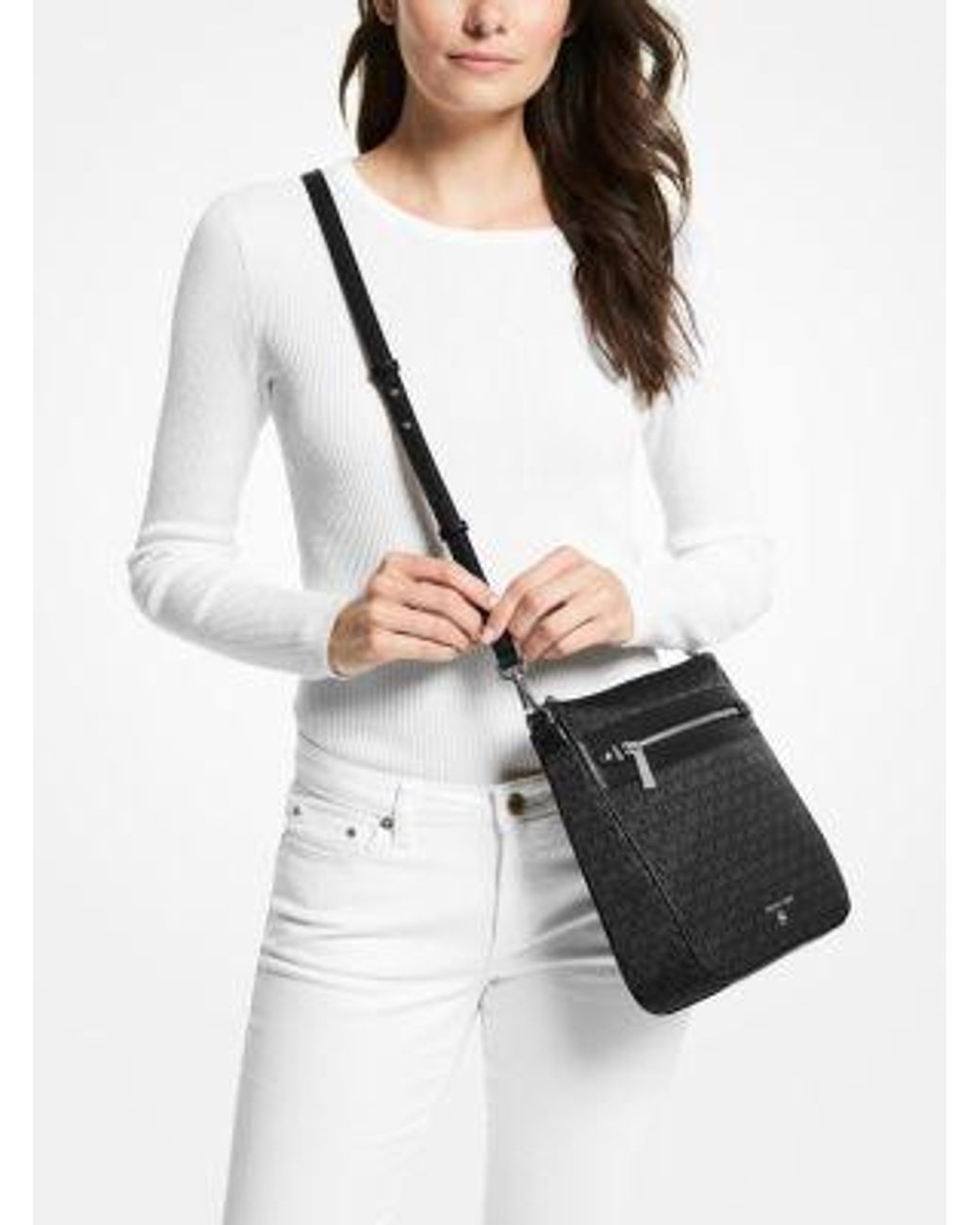 Michael Kors Black Jet Set Large Logo Print Woven Crossbody Bag