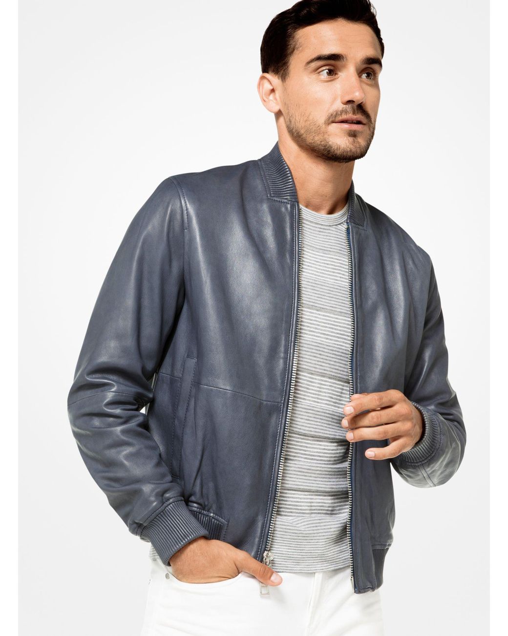 Michael Kors Washed Leather Bomber Jacket in Blue for Men Lyst